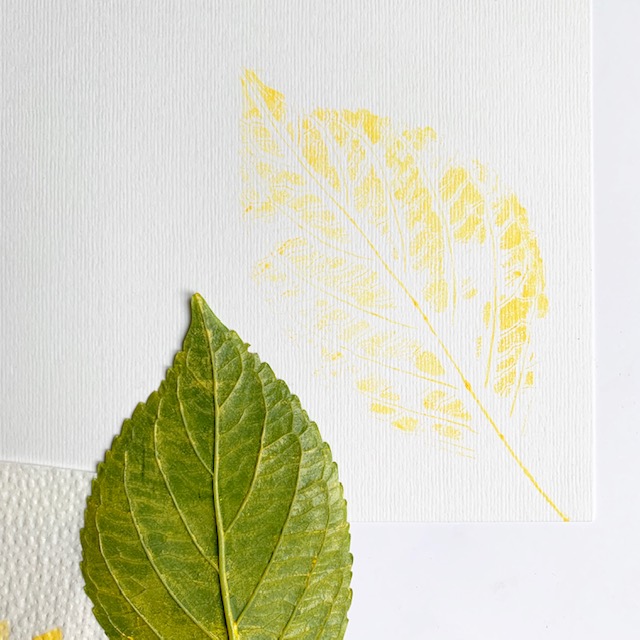 gele afdruk met inkt van een hortensiablad
